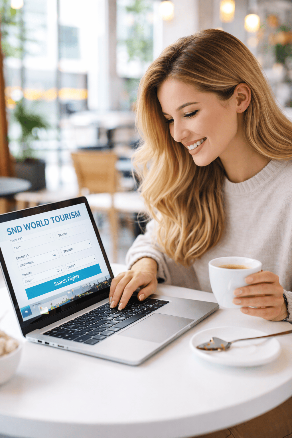 Woman booking tour packages, flights and hotels online on laptop – SND World Tourism